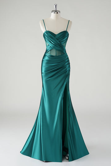 Dark Green Ruched Corset Satin Slit Mermaid Prom Dress with Lace-up Back